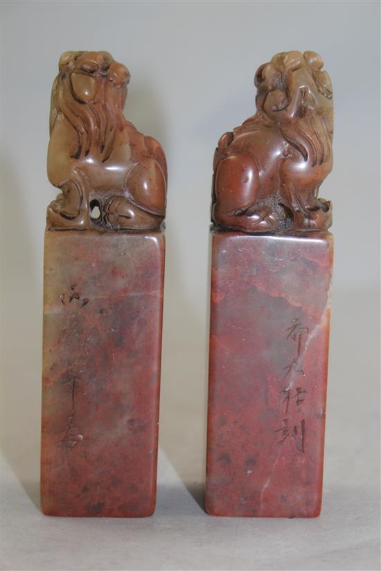 A pair of Chinese soapstone lion-dog seals, 11.5cm, with box